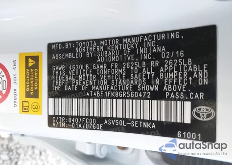 2016 Toyota Camry Le z USA, uszkodzony, nr VIN 4T4BF1FK8GR560472